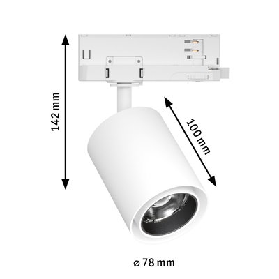 Weißer LED-Spot aus Metall mit 78 mm Durchmesser und 142 mm Höhe für Schienensysteme