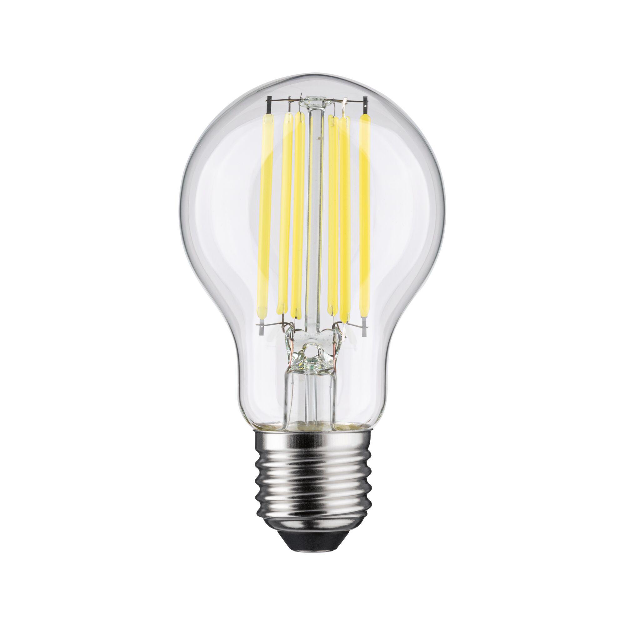 Klassische LED-Glühbirne mit transparentem Glas und gelben Filamenten, energiesparende Beleuchtungslösung