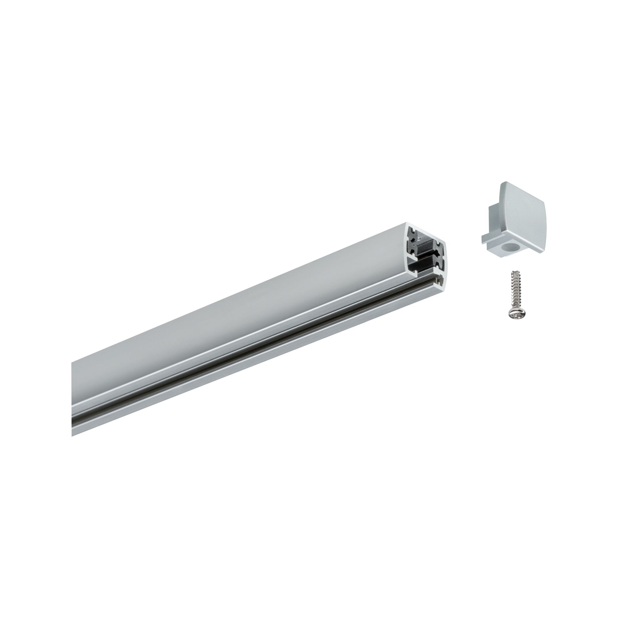 Zilverkleurig aluminium profiel met eindkap en schroef voor LED-rails verlichtingssystemen.
