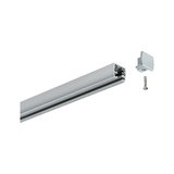 Zilverkleurig aluminium profiel met eindkap en schroef voor LED-rails verlichtingssystemen.