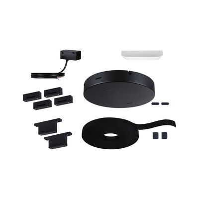 Schwarzes Montage-Set mit Kabel, Halterungen und Klettband für LED-Lichtsysteme, Zubehör für Beleuchtung.