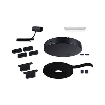Black mounting kit with cable, brackets, and hook-and-loop tape for LED lighting systems, lighting accessories.