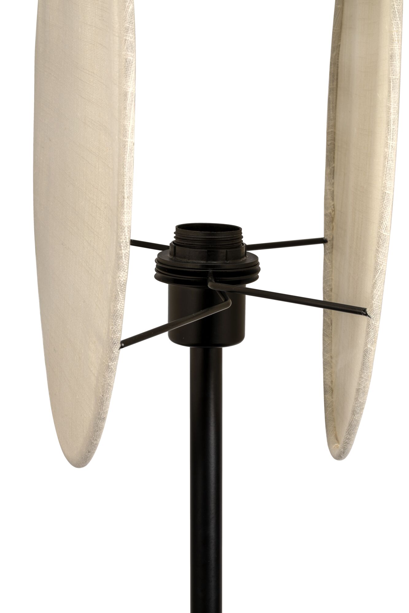 Black metal lamp holder with two beige fabric discs for a modern floor lamp without bulb.