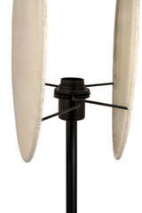 Black metal lamp holder with two beige fabric discs for a modern floor lamp without bulb.