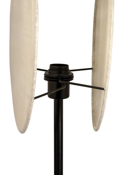 Black metal lamp holder with two beige fabric discs for a modern floor lamp without bulb.