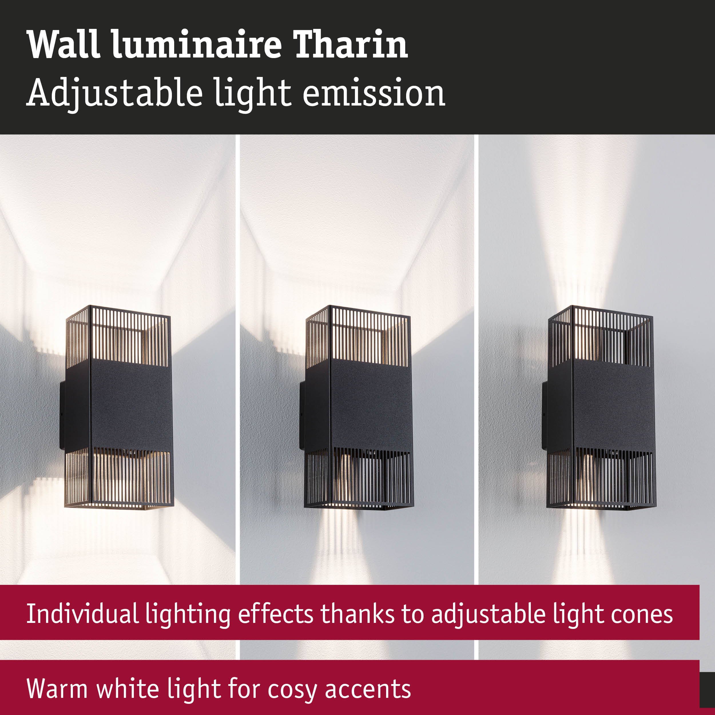 Black metal Tharin wall luminaire with adjustable light cones and warm white light for cozy accents