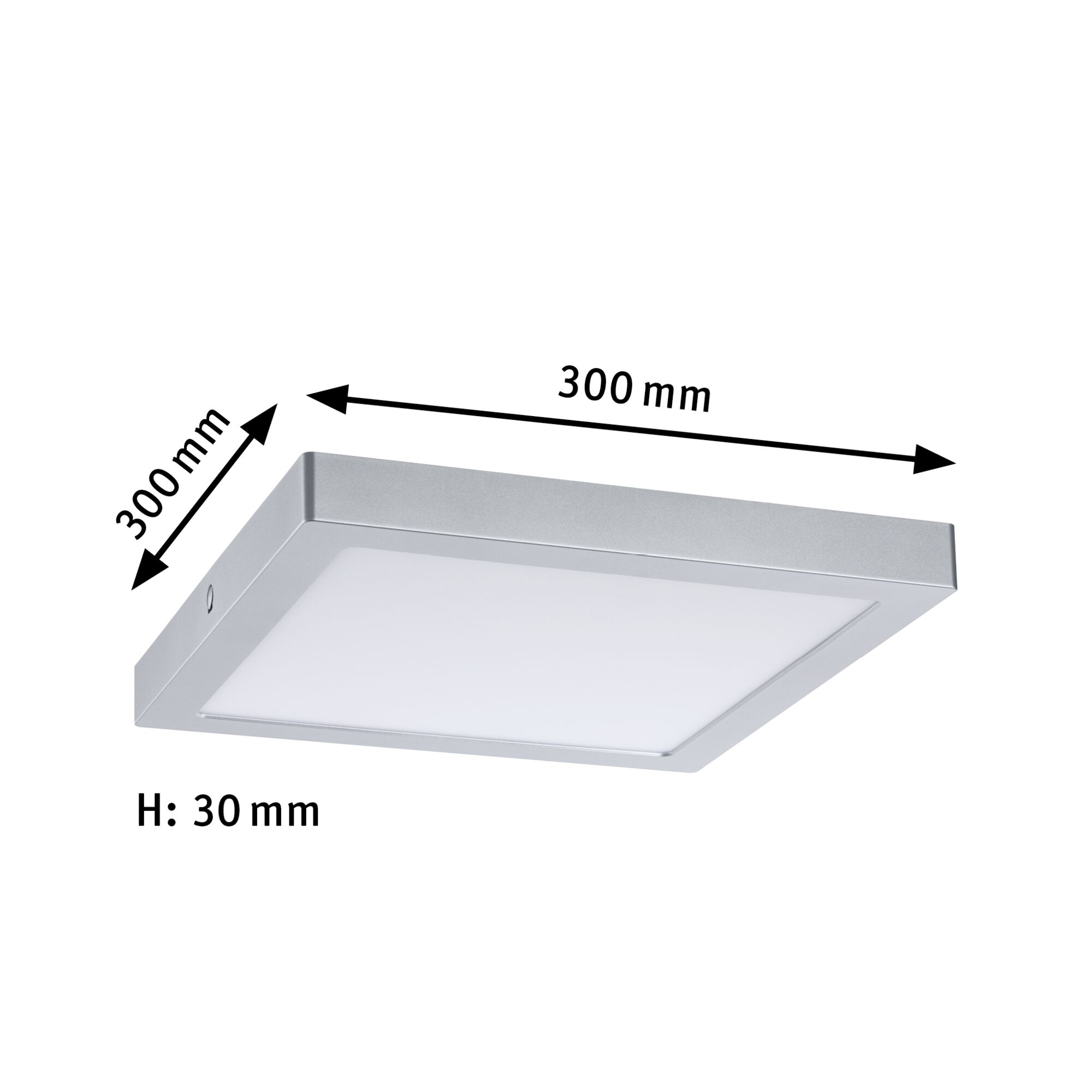 Quadratische LED-Deckenleuchte aus silbernem Aluminium mit 300 mm Kantenlänge und 30 mm Höhe