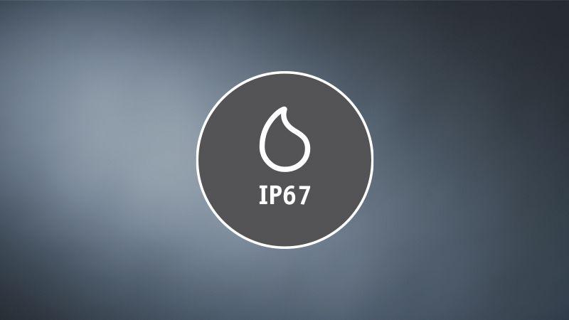 IP67 rating icon with water drop on grey background indicating waterproof lighting protection.