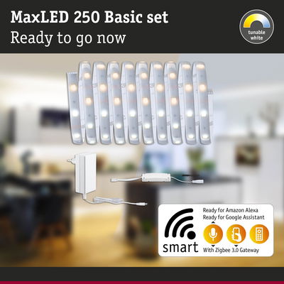MaxLED 250 Basic set with white LED strips and power adapter, smart control via Alexa and Google Assistant