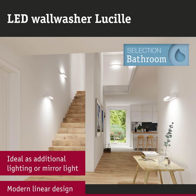 Modern white LED wallwasher Lucille for bathroom with linear design, ideal for extra or mirror lighting