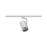 Moderner weißer LED-Strahler aus Metall an Schienensystem für flexible Beleuchtung im Raum