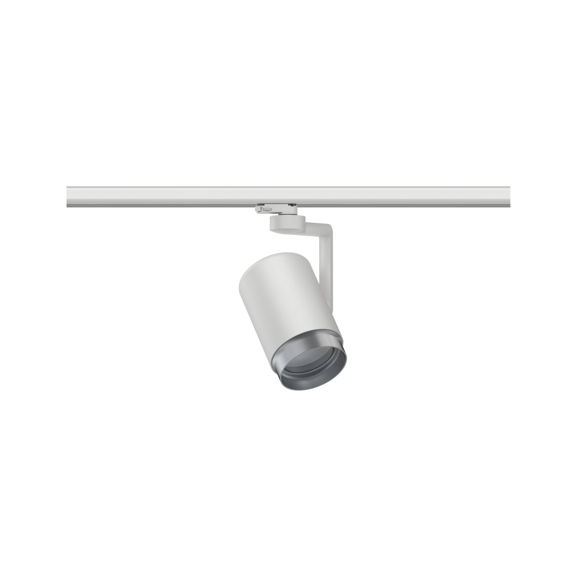 Weißer LED-Strahler aus Metall an Schienensystem für flexible Beleuchtung im Innenraum