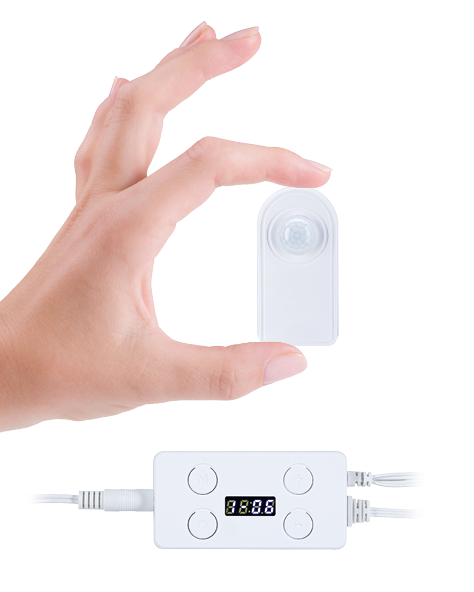 White LED motion sensor and control unit with digital display for lighting control