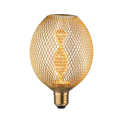 Gold LED bulb with decorative wire mesh and warm light for stylish home lighting solutions