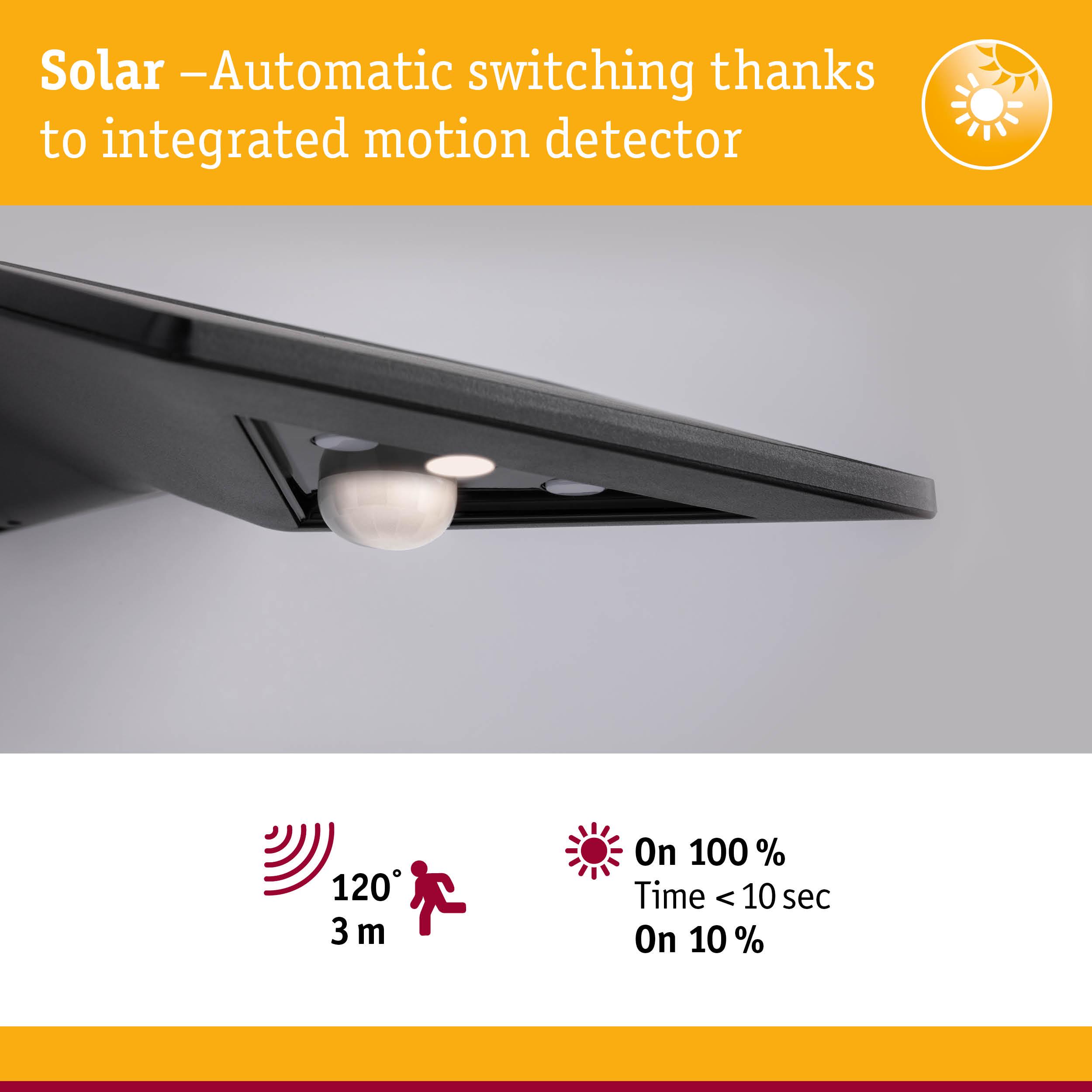 Black solar panel with integrated motion detector for automatic lighting and energy saving