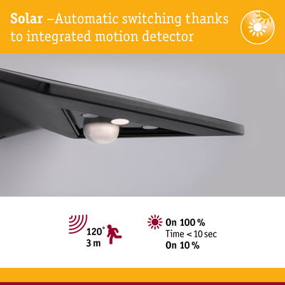 Black solar panel with integrated motion detector for automatic lighting and energy saving