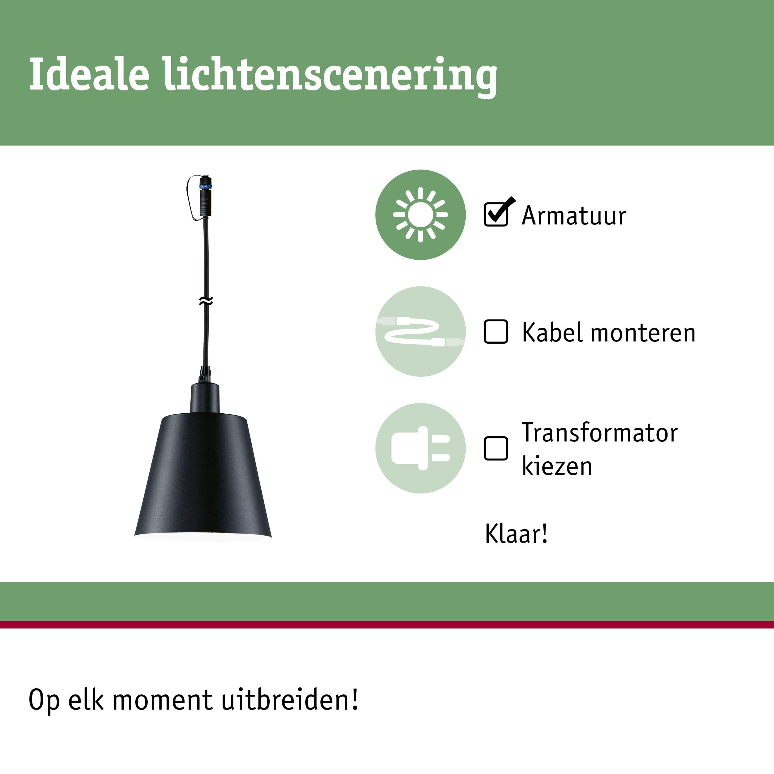 Zwarte hanglamp met kabel en stekker voor eenvoudige lichtinstallatie en flexibele uitbreiding