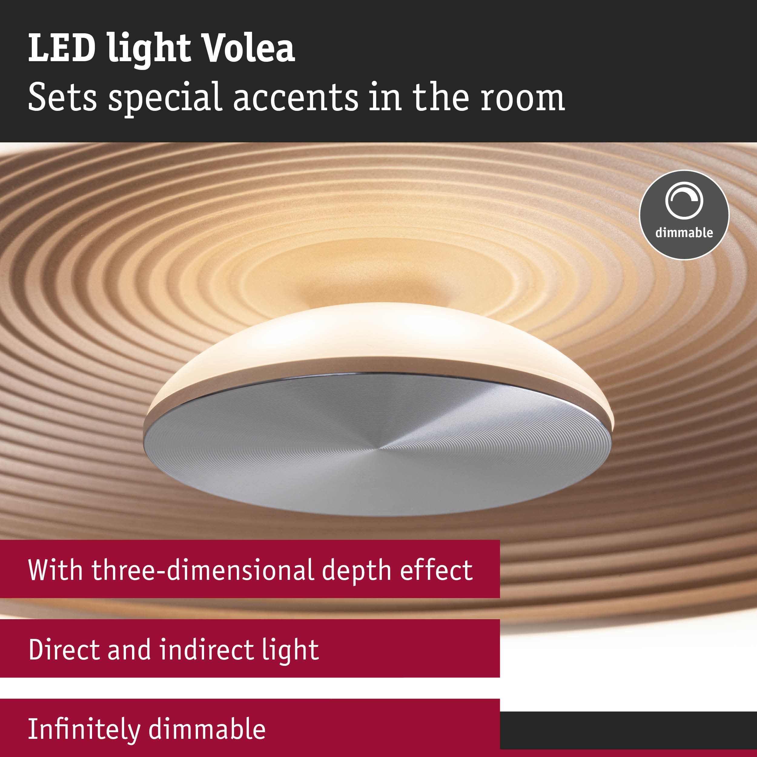 LED ceiling light Volea with three-dimensional depth effect and dimmable direct and indirect lighting