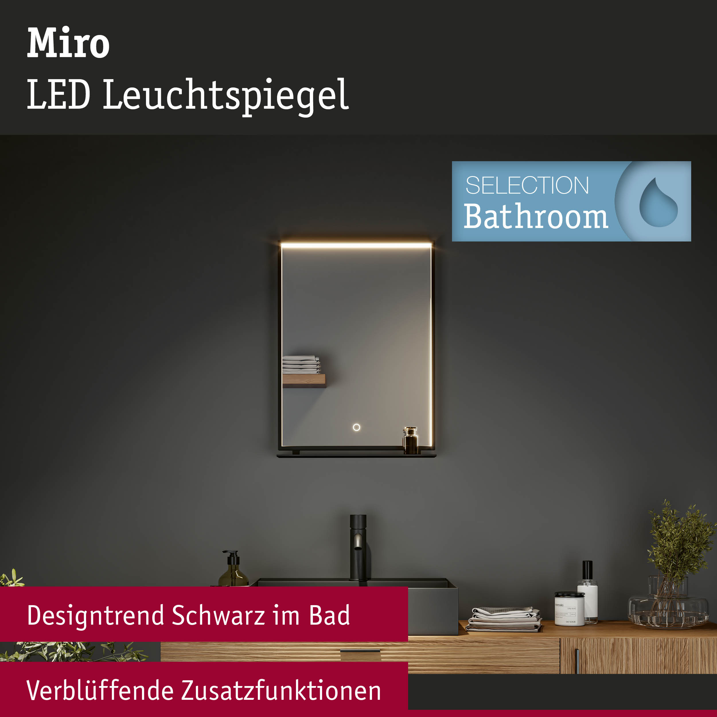 Miro LED Leuchtspiegel mit schwarzem Rahmen und Beleuchtung, modernes Bad mit Holzwaschtisch und schwarzen Armaturen