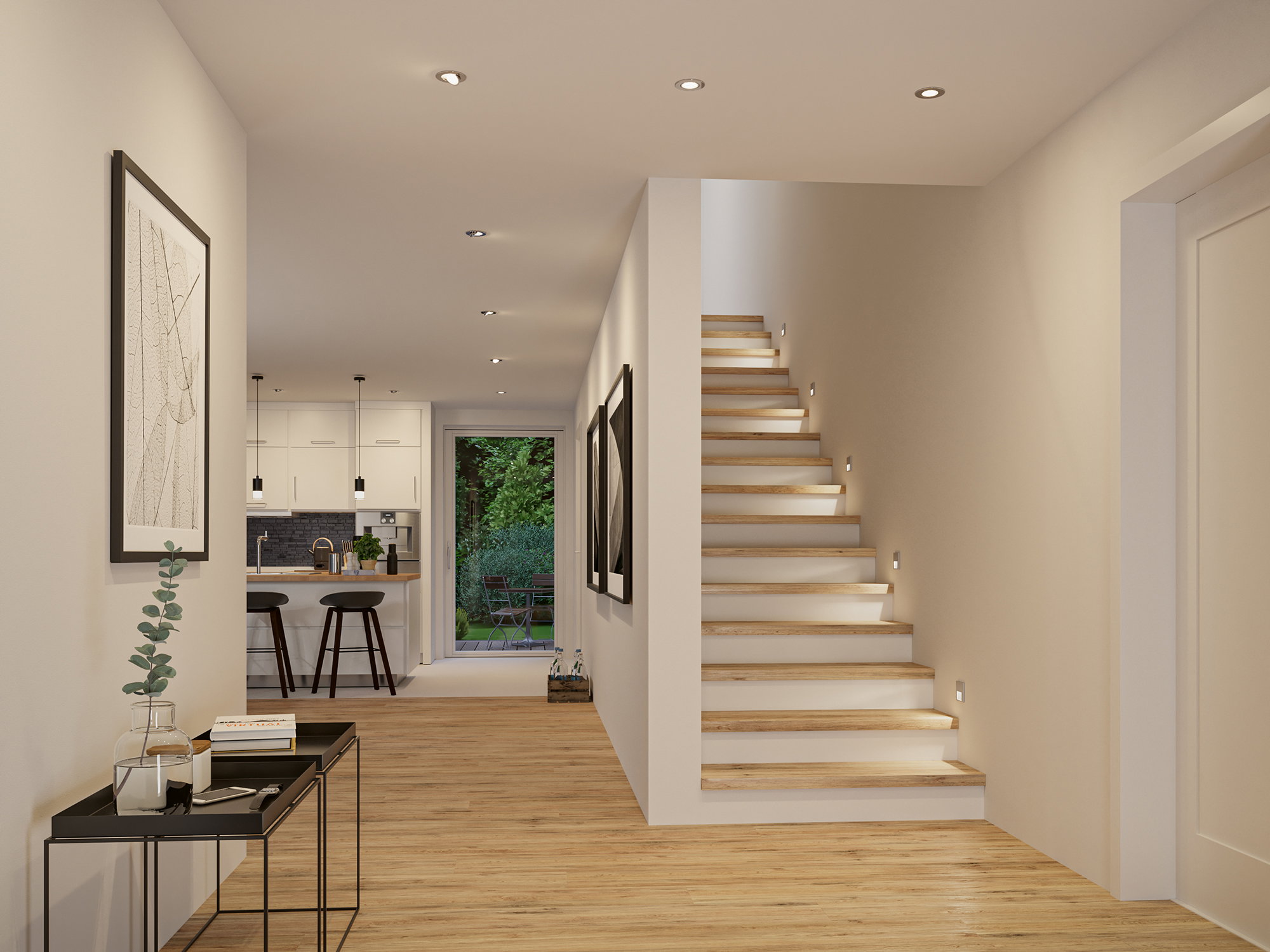 Moderner Flur mit Holztreppe und LED-Wandbeleuchtung in warmweißem Licht für Wohnraumbeleuchtung