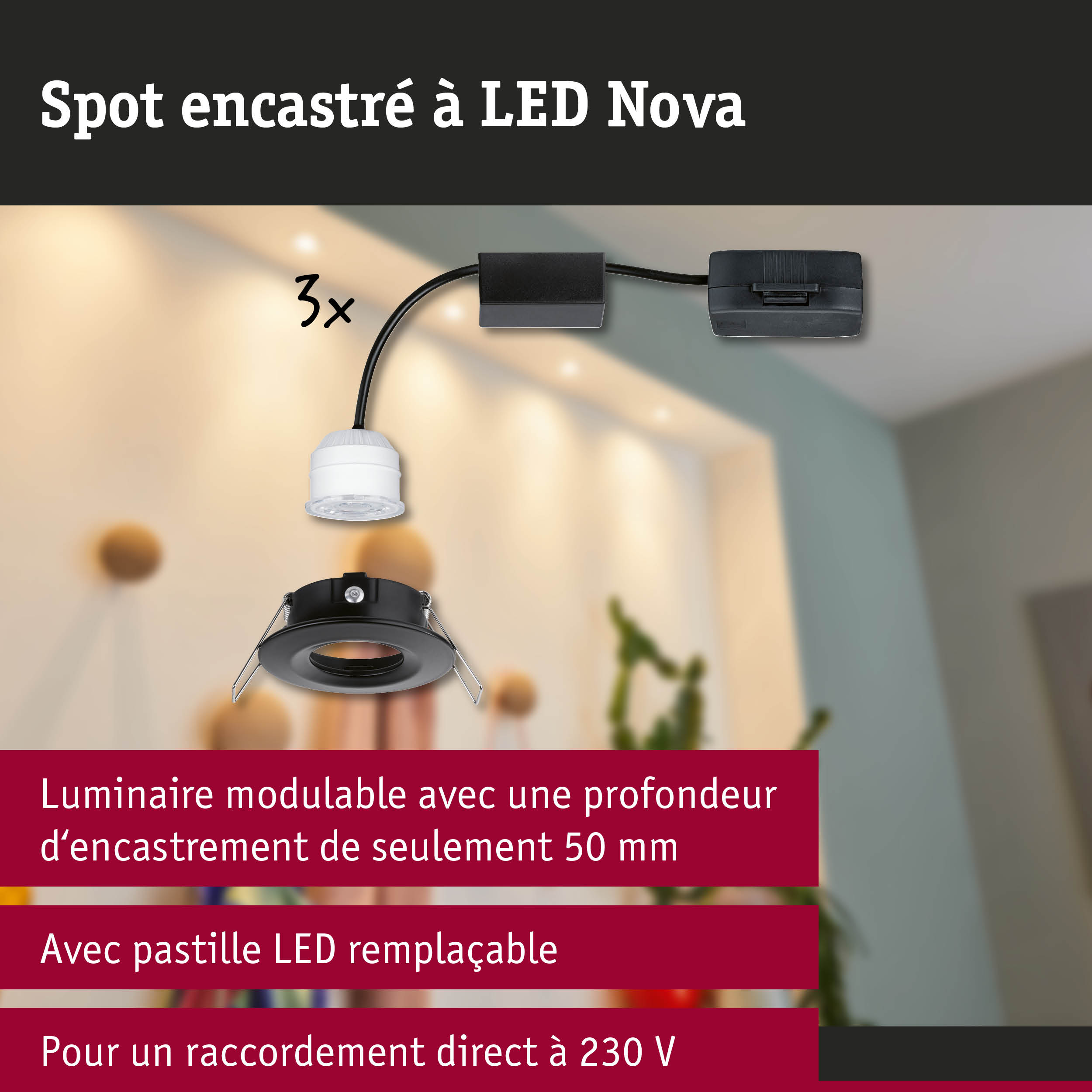 Spot encastré LED Nova modulable noir avec module LED blanc et profondeur d'encastrement de 50 mm