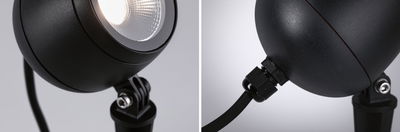 Schwarze LED-Außenleuchte aus Metall mit verstellbarem Kopf und wetterfestem Kabelanschluss für Gartenbeleuchtung