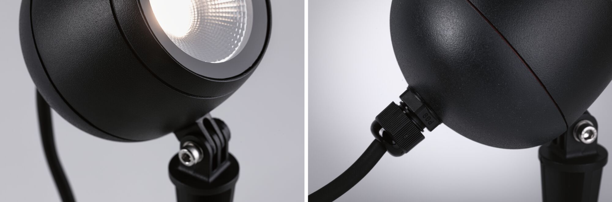 Black metal LED outdoor spotlight with adjustable head and weatherproof cable connection for garden lighting