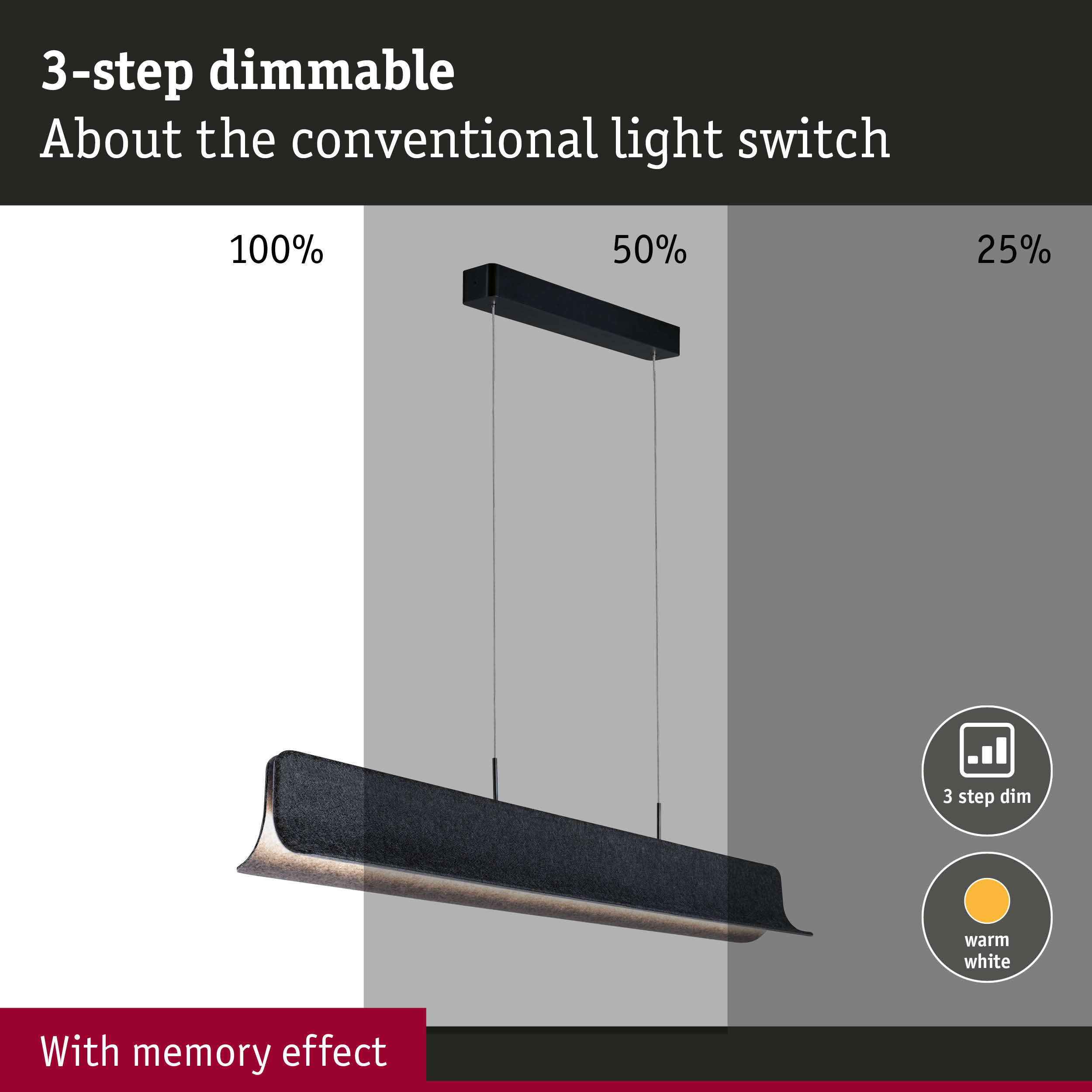 Black LED pendant light with 3-step dimming and warm white light for living spaces