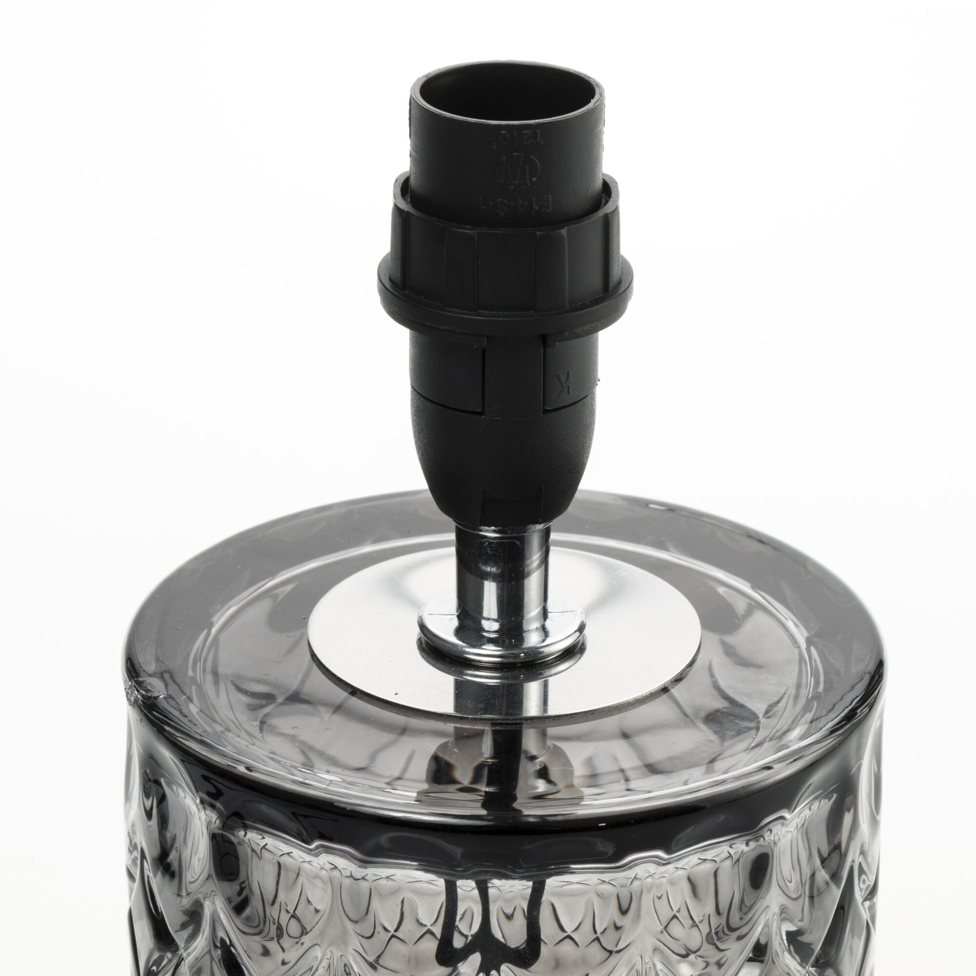 Glass lamp holder with black plastic base and chrome metal ring for LED lighting fixtures