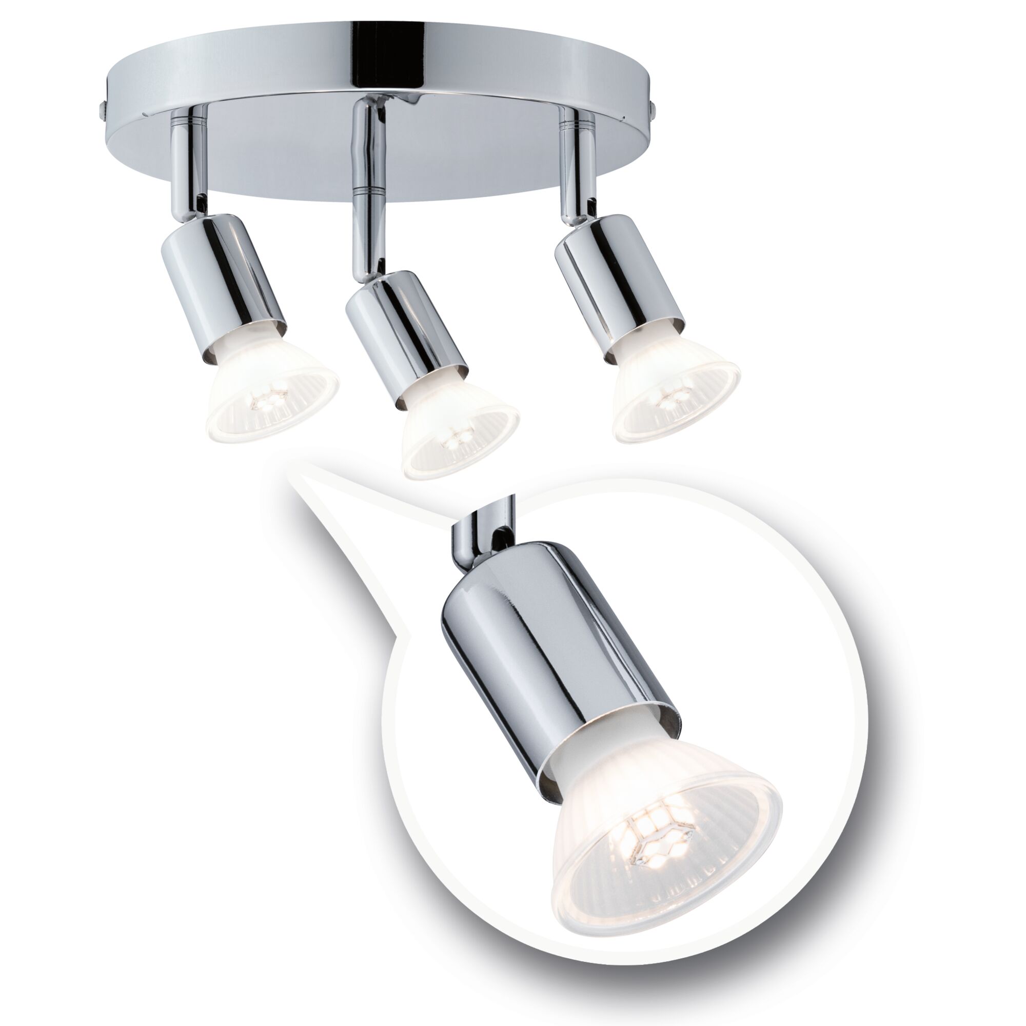 Deckenstrahler mit drei verstellbaren Chrom-LED-Leuchten für moderne Raumbeleuchtung