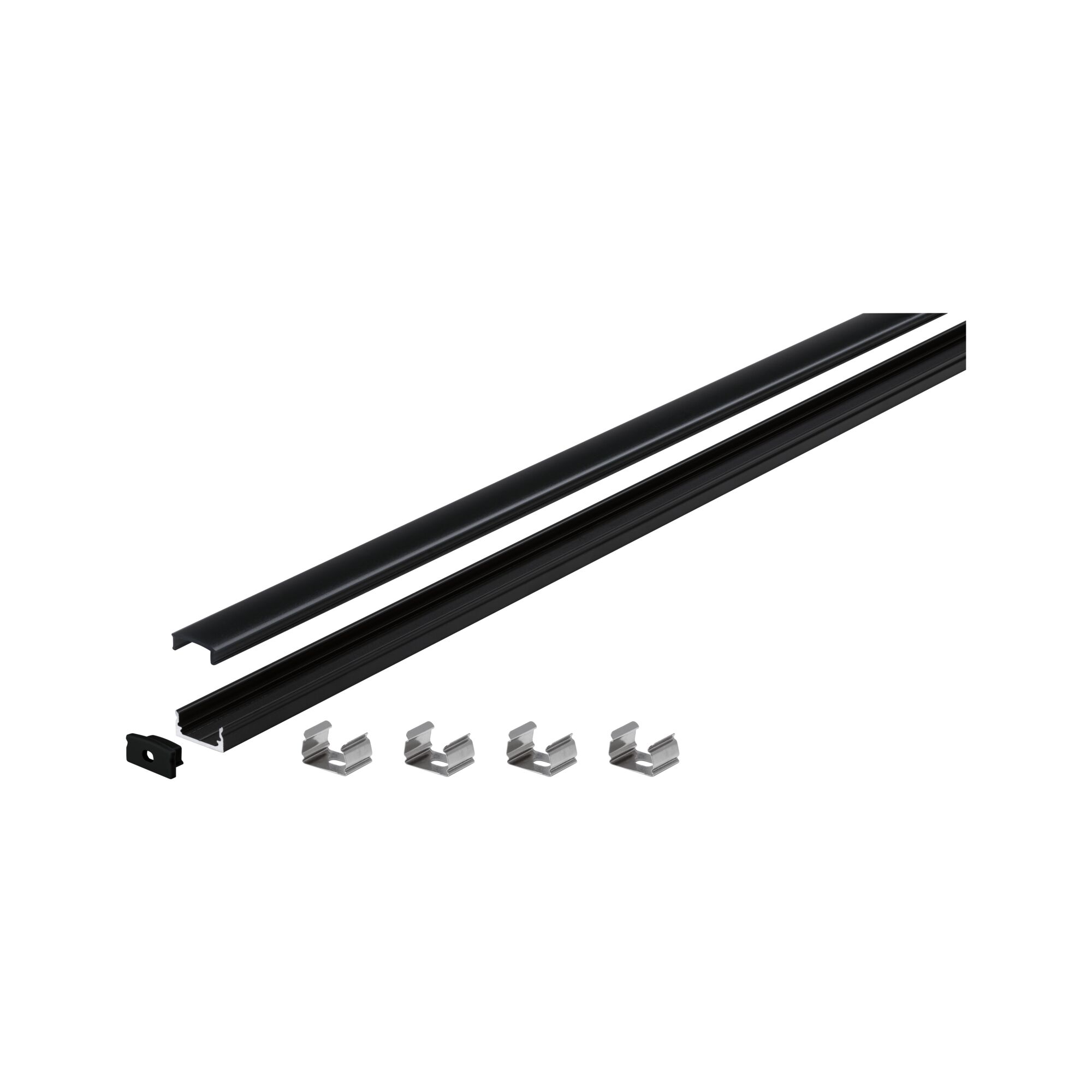 Black aluminum profile rail with cover and four metal clips for LED strip installation