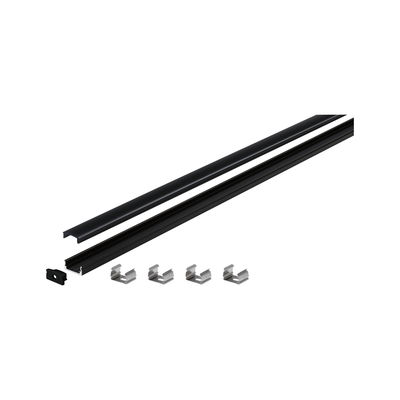 Black aluminum profile rail with cover and four metal clips for LED strip installation