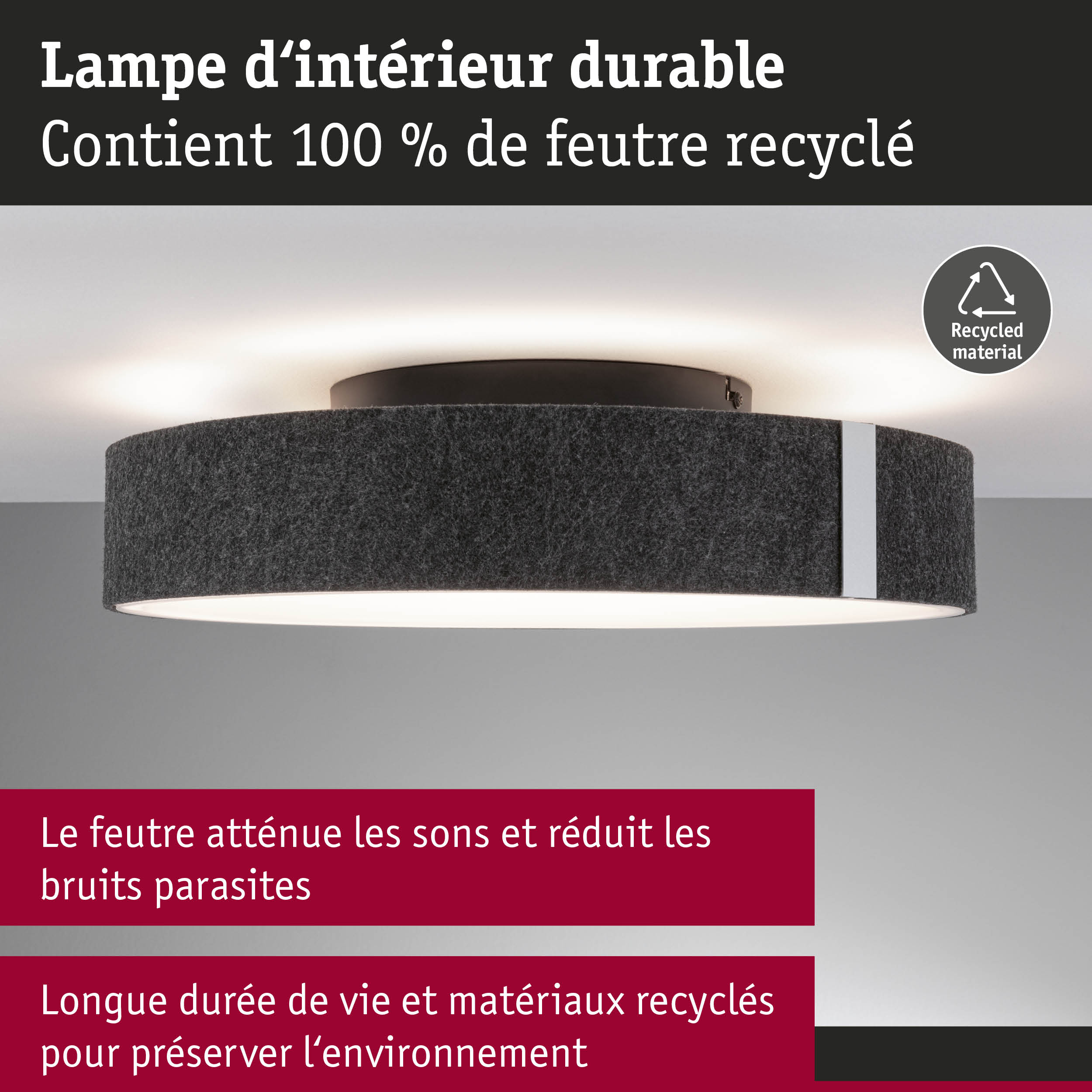 Lampe de plafond en feutre recyclé gris foncé avec éclairage LED économique et durable
