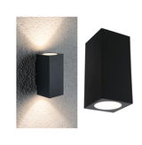 Black rectangular outdoor wall light in metal with warm white LED for modern facade lighting