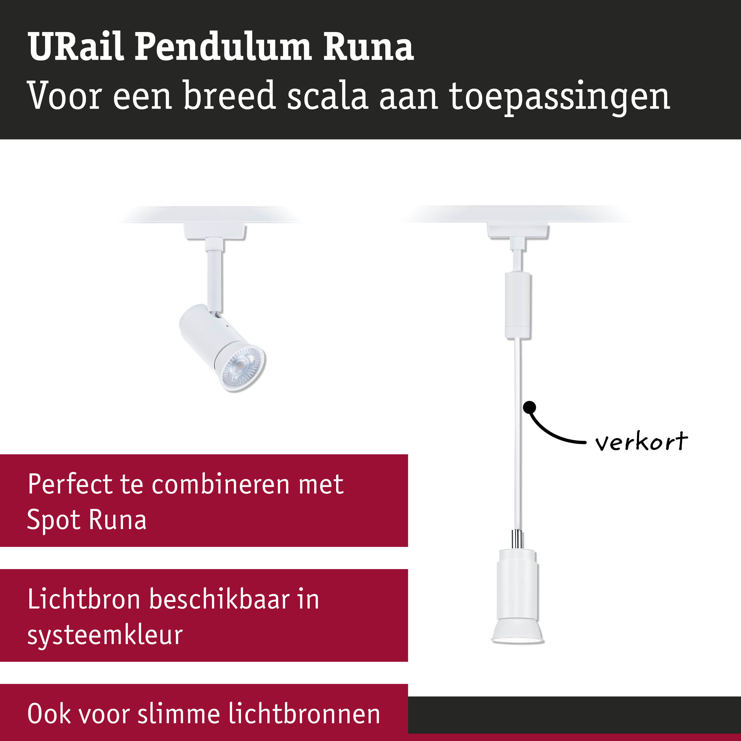 Witte URail Pendulum Runa spot met verstelbare kop voor diverse verlichtingsmogelijkheden