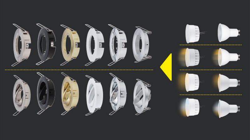 Various recessed spotlight housings in white, black, gold, and chrome with LED bulbs for versatile lighting.