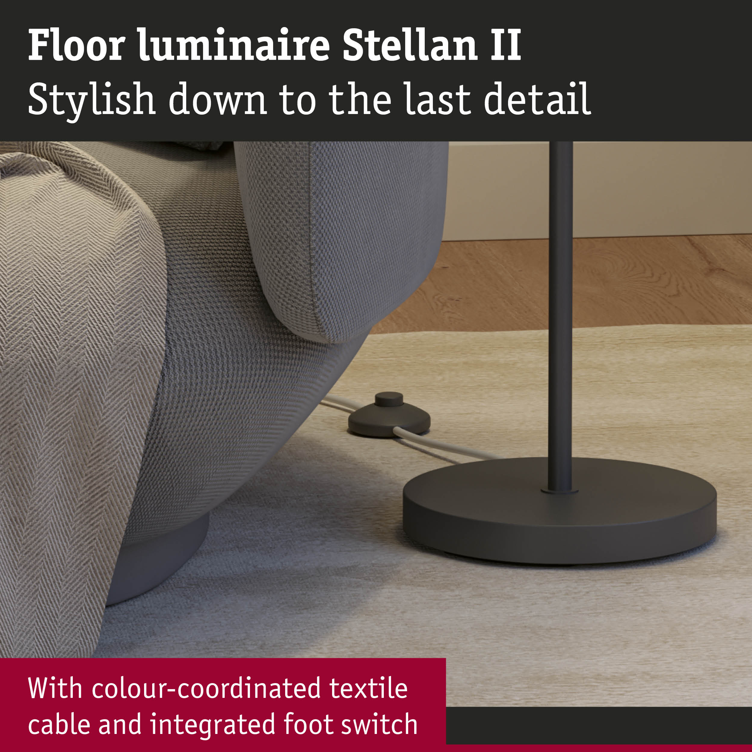 Black metal base of Stellan II floor lamp with colour-coordinated textile cable and integrated foot switch