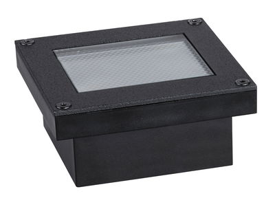 Black square metal LED recessed housing with glass cover for indoor lighting applications