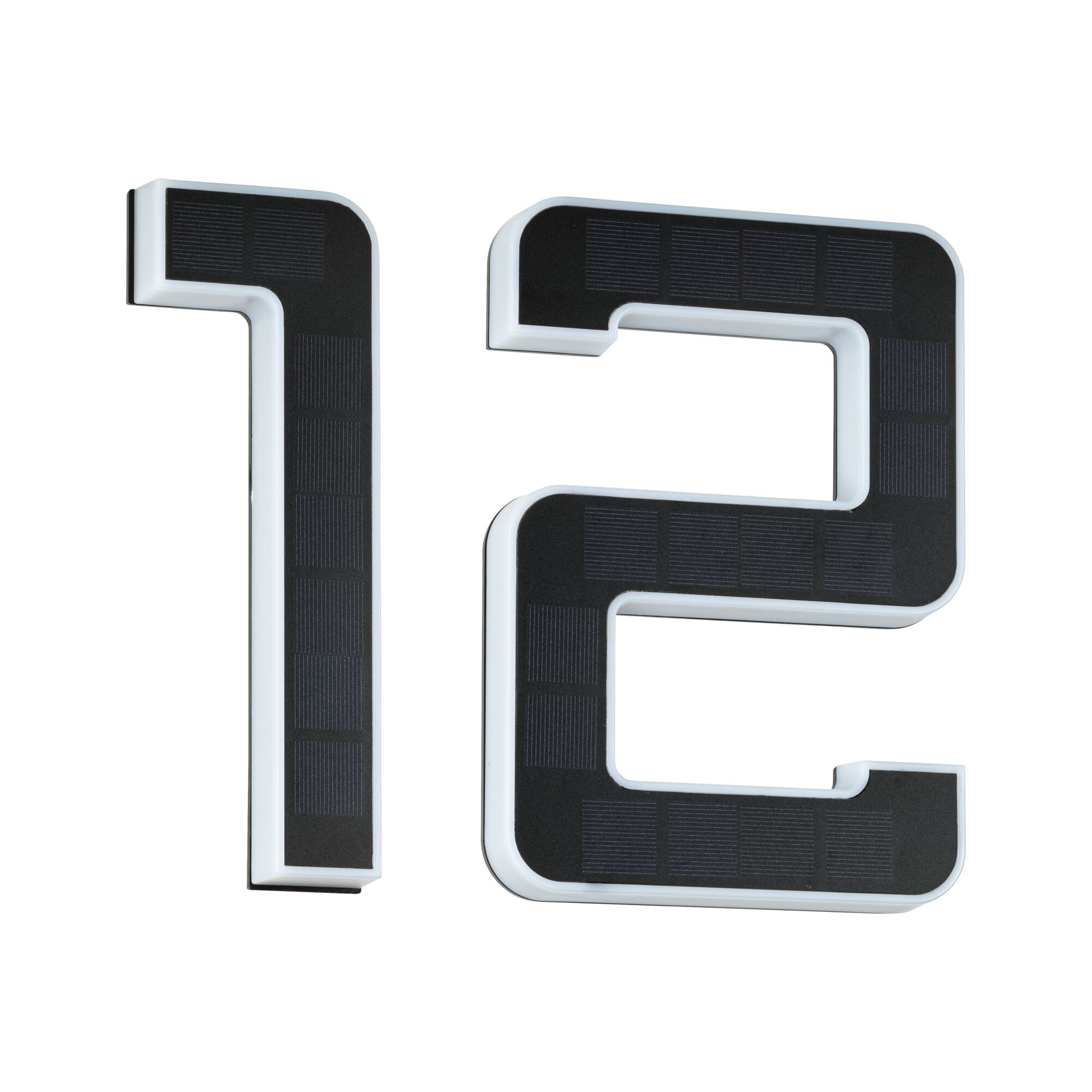 Black solar house numbers 1 and 2 with white plastic frame for outdoor lighting