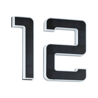 Black solar house numbers 1 and 2 with white plastic frame for outdoor lighting