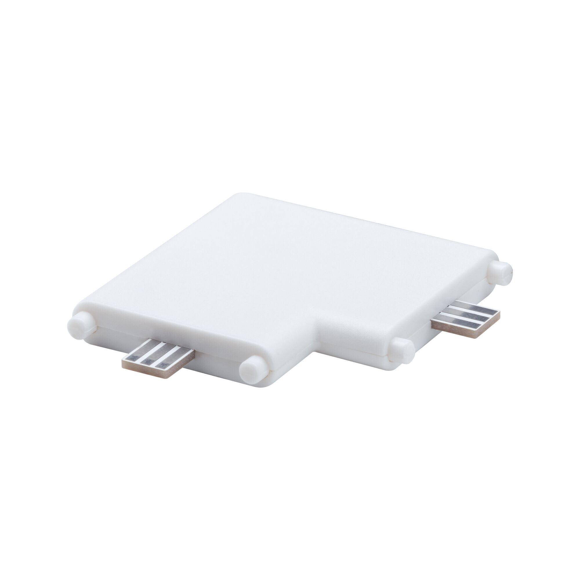 White plastic T-connector for LED track lighting with metal contacts