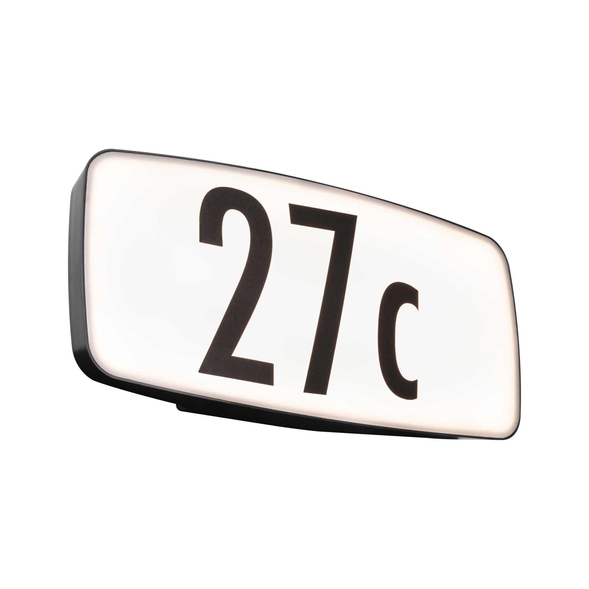 Leuchtendes Hausnummernschild mit schwarzer 27c auf weißem Kunststoff für Außenbeleuchtung