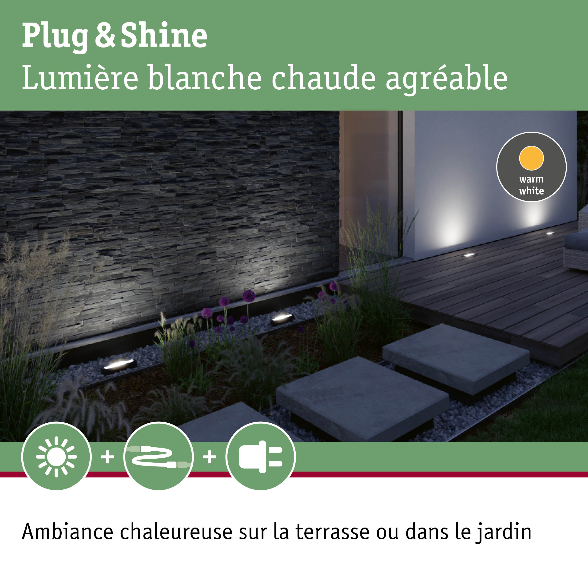 Éclairage extérieur avec lumière blanche chaude sur terrasse et jardin avec mur en pierre moderne
