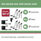 Starter set with black LED luminaires, cables, and transformer for expandable outdoor lighting