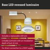 White plastic LED recessed spotlight with replaceable LED module and 45 mm installation depth