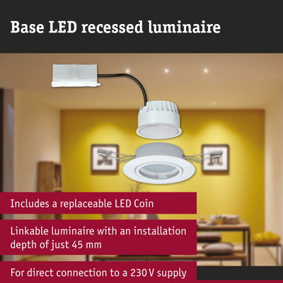 White plastic LED recessed spotlight with replaceable LED module and 45 mm installation depth