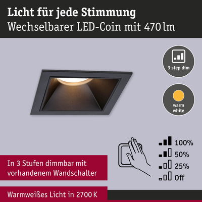 Schwarzer LED-Einbaustrahler mit warmweißem Licht 2700K und 3-stufiger Dimmfunktion für Wohnräume