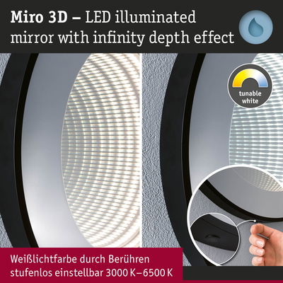 Miro 3D LED illuminated mirror with infinity depth effect and adjustable white light 3000K-6500K
