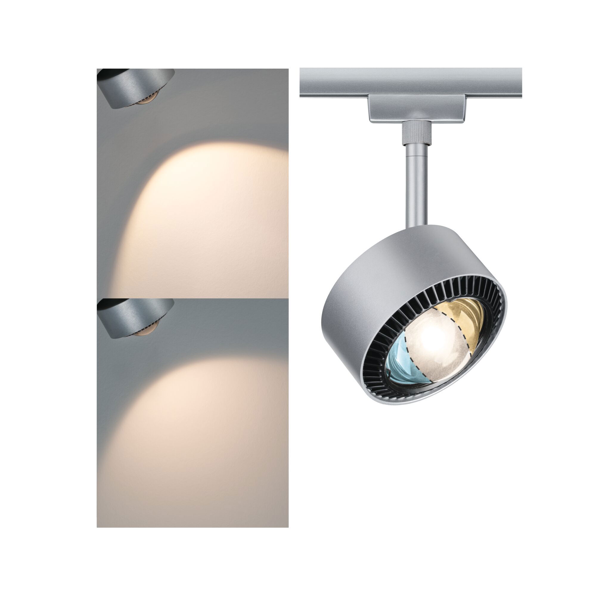 Modern silver metal LED spotlight with adjustable head for targeted indoor lighting and home use