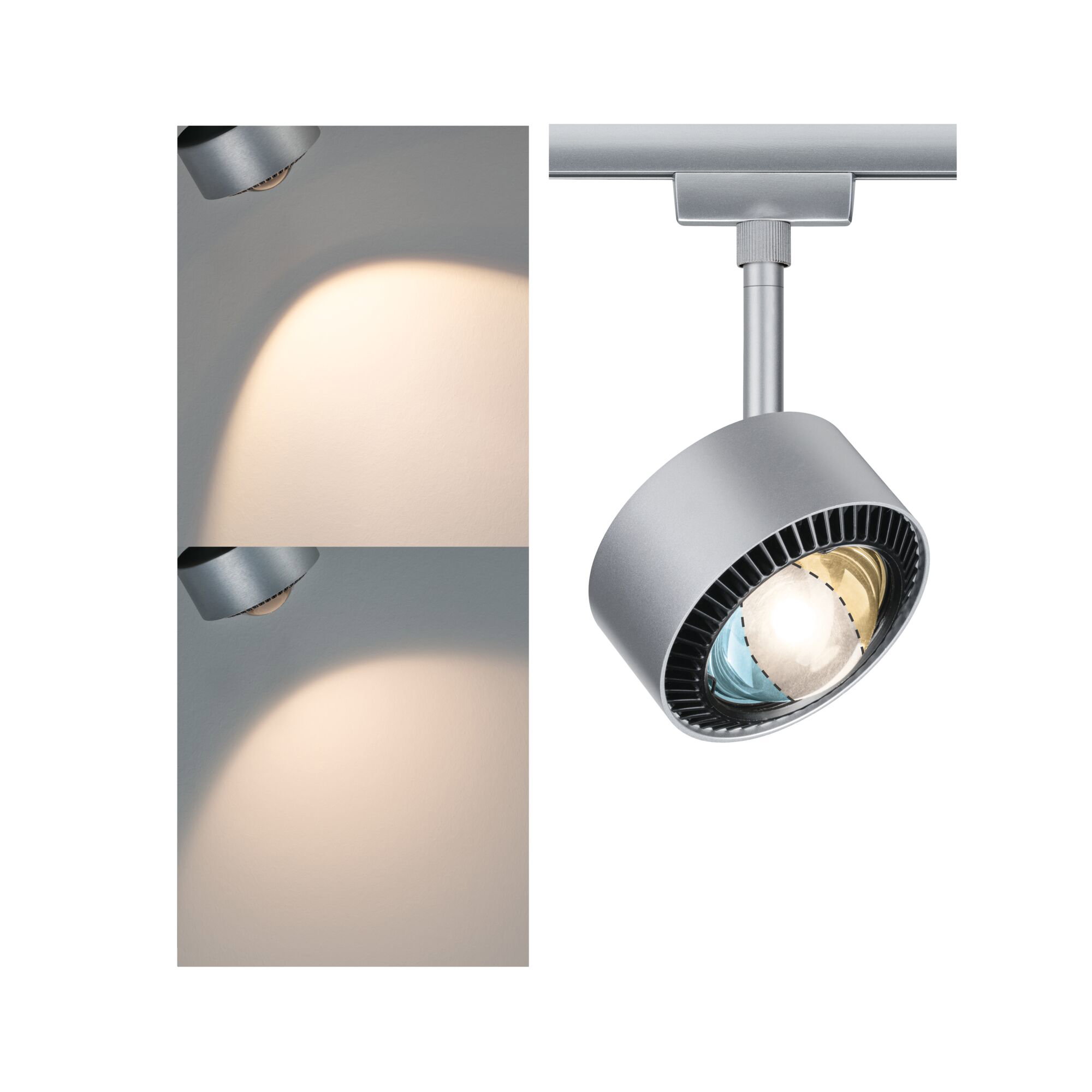 Modern silver metal LED spotlight with adjustable head for targeted indoor lighting and home use
